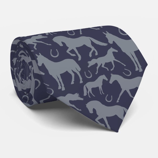 Gray Horses and Horseshoe Print on Navy Blue Tie (Rolled)