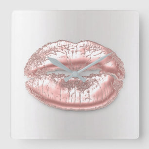 Gray Kiss Lips Pink Rose Blush Makeup Artist Square Wall Clock