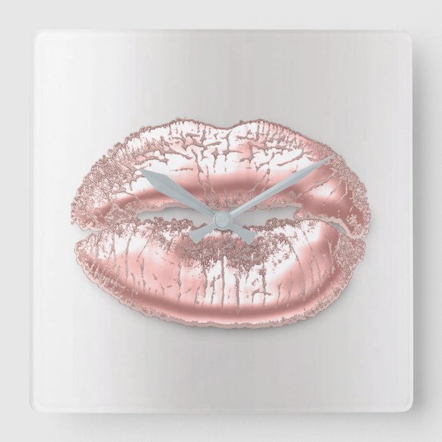 Gray  Kiss Lips Pink Rose Blush Makeup Artist Square Wall Clock (Front)