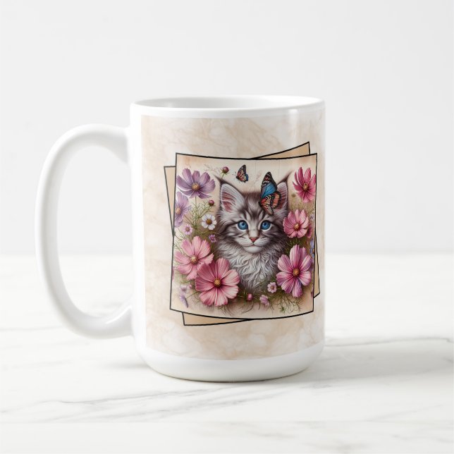 Gray Kitten Floral Coffee Mug (Left)