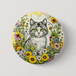 Gray Kitty Cat Sitting in Flowers  6 Cm Round Badge