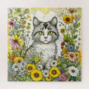Gray Kitty Cat Sitting in Flowers Jigsaw Puzzle