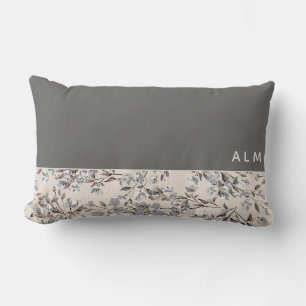 Gray & Linen Beige Floral   Monogram Lumbar Cushion