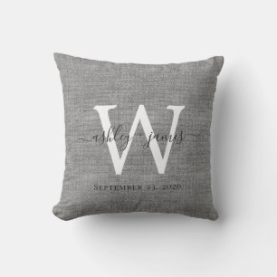 Gray Linen White Monogram Wedding Keepsake Cushion