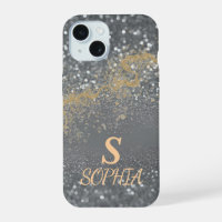 Gray marble chic gold glitter monogram