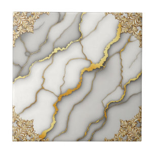 Gray Marble Gold Ornate Frame Pattern Tile