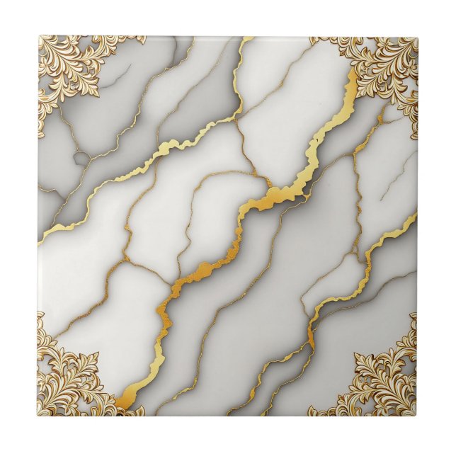 Gray Marble Gold Ornate Frame Pattern Tile (Front)