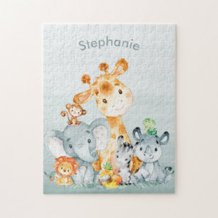 Gray Mint Watercolor Cute Safari Jungle Animals Jigsaw Puzzle