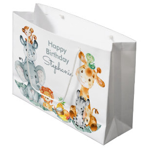 Gray Mint Watercolor Cute Safari Jungle Animals Large Gift Bag