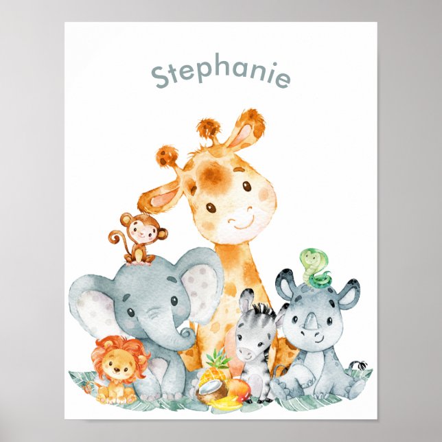 Gray Mint Watercolor Cute Safari Jungle Animals Poster (Front)