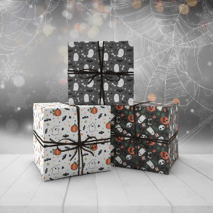 Gray Mixed Halloween Patterns Ghost Pumpkins Wrapping Paper Sheet