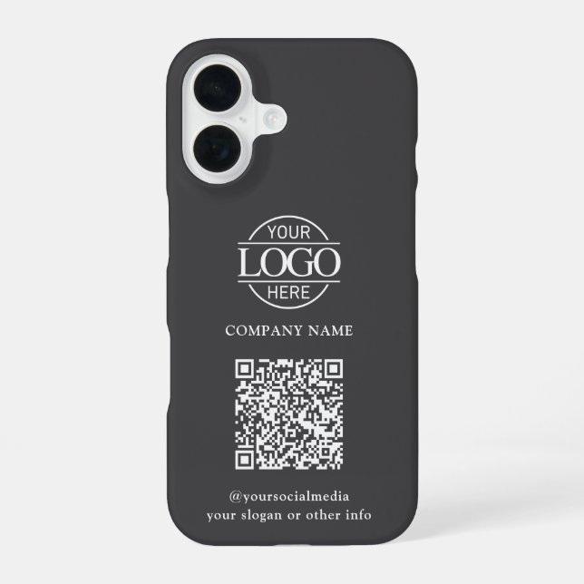 Gray Modern Business Logo & QR Code Promotional iPhone 16 Case (Back)