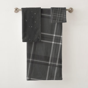 Gray monochrome plaid and stars holiday bath towel set