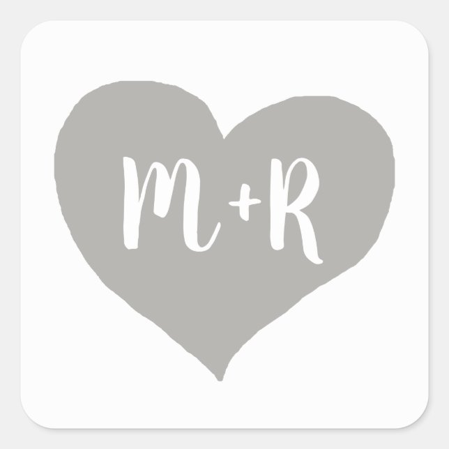gray monogram love heart  square sticker (Front)