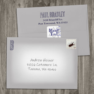 Gray, Navy Blue Return Address Preprinted Monogram Envelope