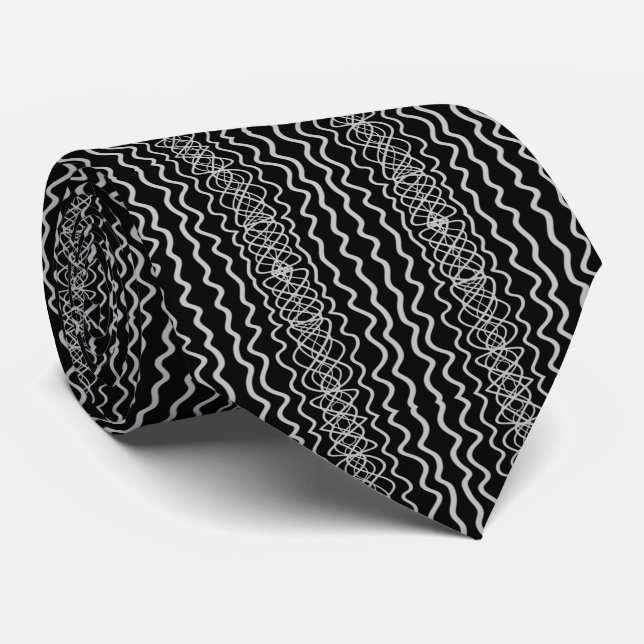 Gray On Black Curvy Twisty Line Drawing Pattern   Tie (Rolled)