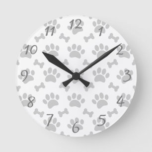Gray Paws And Bones Pattern Round Clock