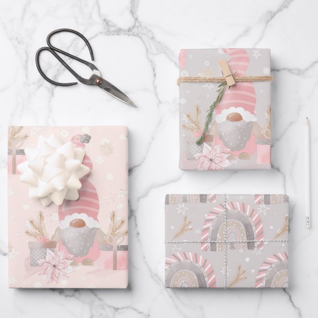 GRAY & PINK WATERCOLOR HOLIDAY GNOME THEME WRAPPING PAPER SHEET (Front)