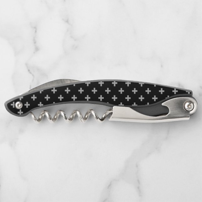 Gray polka crosses on black corkscrew (Back)