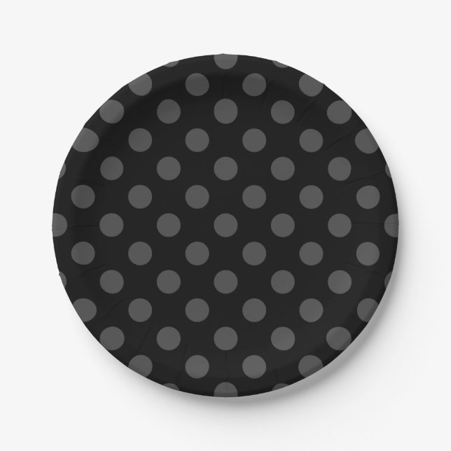 Gray polka dots on black paper plate (Front)