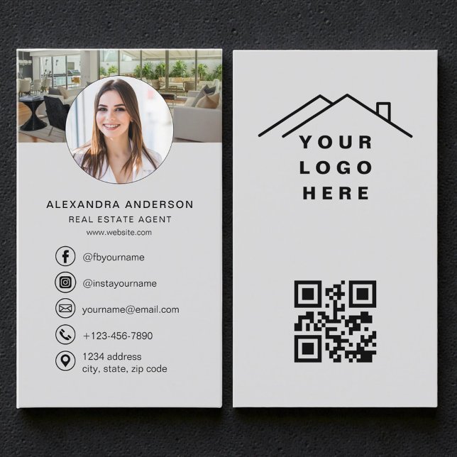 Gray QR Code Real Estate Agent Photo Logo Business Card (Creator Uploaded)