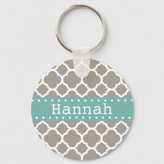 Gray Quatrefoil Pattern Turquoise Ribbon Key Ring (Front)