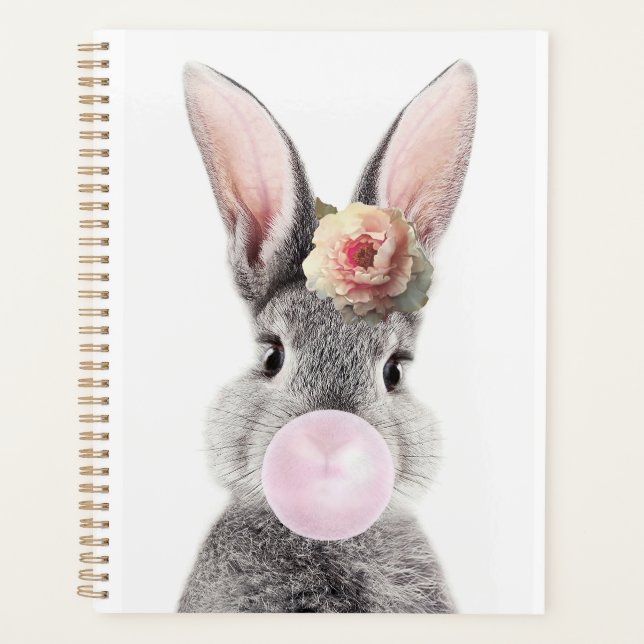 Gray rabbit blowing bubble gum with anemone flower planner (Front)