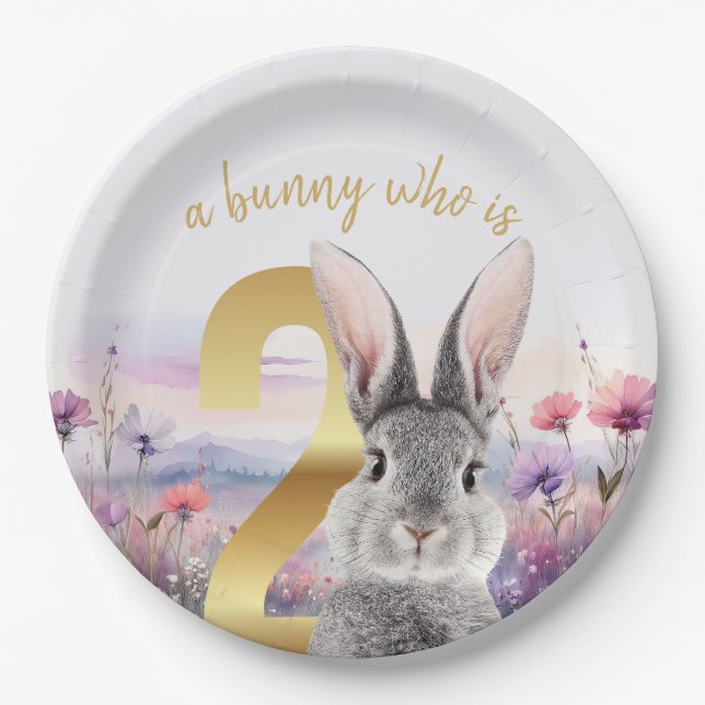 Gray Rabbit with No 2 Wildflowers Paper Plate (Front)