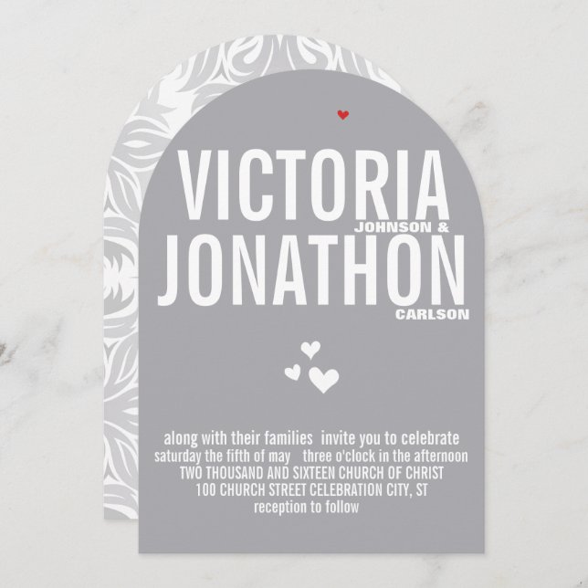 Gray Red Heart Gray Floral Typography Wedding Invitation (Front/Back)