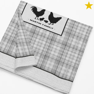 Gray Rustic Farmhouse Plaid Chicken Family Name Tablecloth