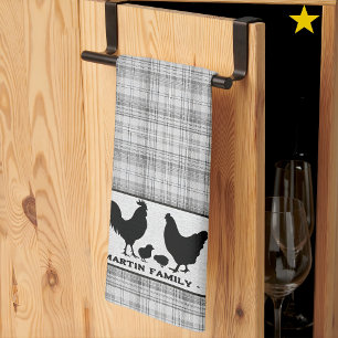 Gray Rustic Farmhouse Plaid Chicken Family Name   Tea Towel