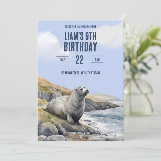 Gray Seal Birthday Invitation (Standing Front)