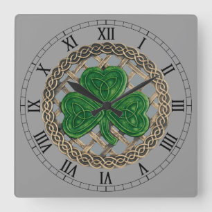 Gray Shamrock & Celtic Knots Roman Numeral Clock