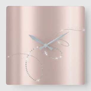 Gray Silver Rose Pastel Crystals Infinity Diamonds Square Wall Clock