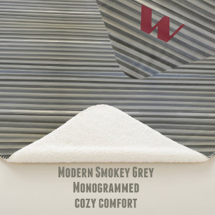 Gray Smokey Monochromatic Diagonal Stripe Monogram Sherpa Blanket