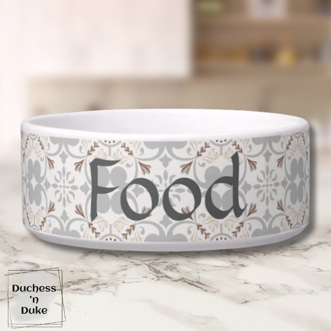 Gray Spanish Tile Personalized Dog Food Bowl  (Dog Food Bowl - Gray Spanish Tile Personalized)