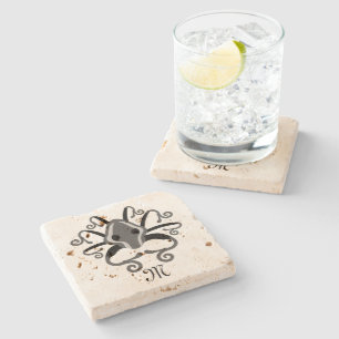 Gray Squid Monogram Stone Coaster