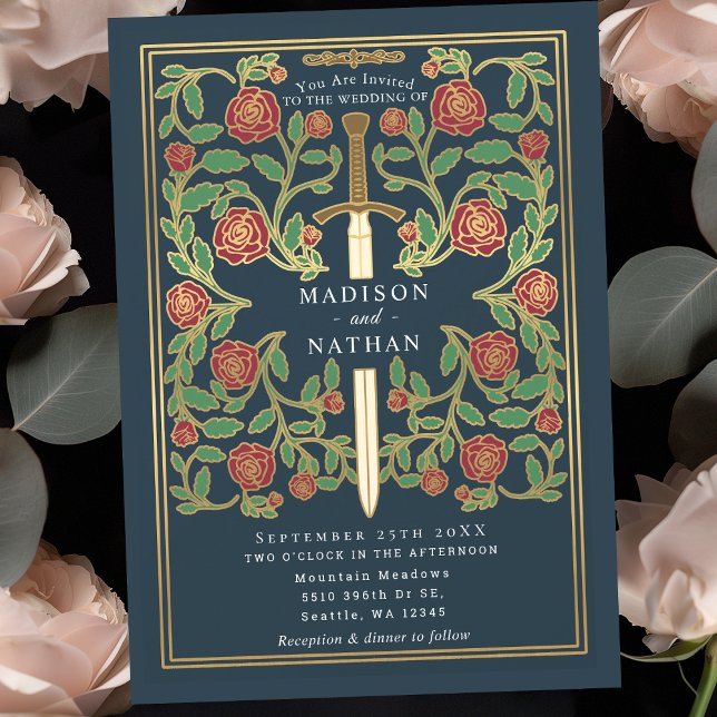 Gray Sword Floral Medieval Fantasy Wedding  Invitation (Creator Uploaded)