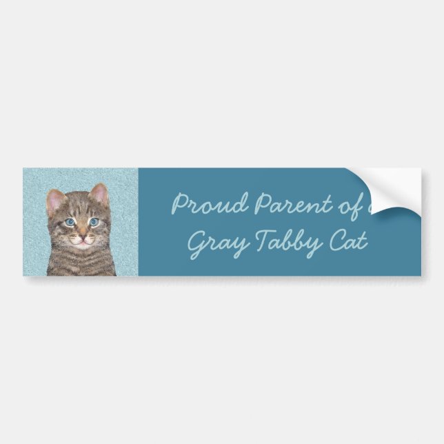 Gray Tabby Cat Painting - Cute Original Cat Art Bumper Sticker (Front)