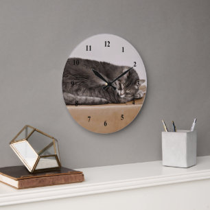 Gray Tabby Cat Sleeping On Box Large Clock