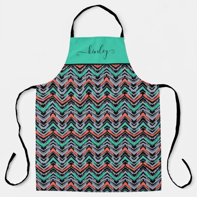 Gray, Teal, And Coral Hand Drawn Chevron Pattern Apron (Front)