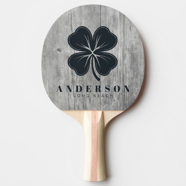 Gray Timber Four Leaf Clover with Name Ping Pong Paddle (Front)