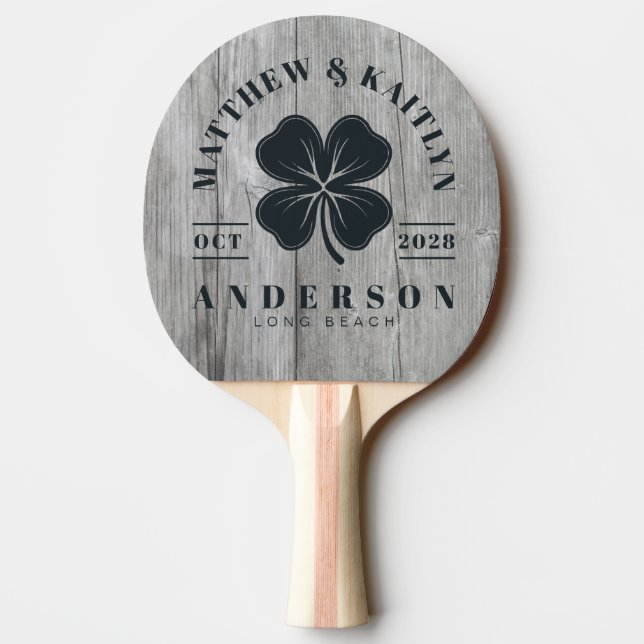 Gray Timber Irish Lucky Clover Wedding Crest Ping Pong Paddle (Back)