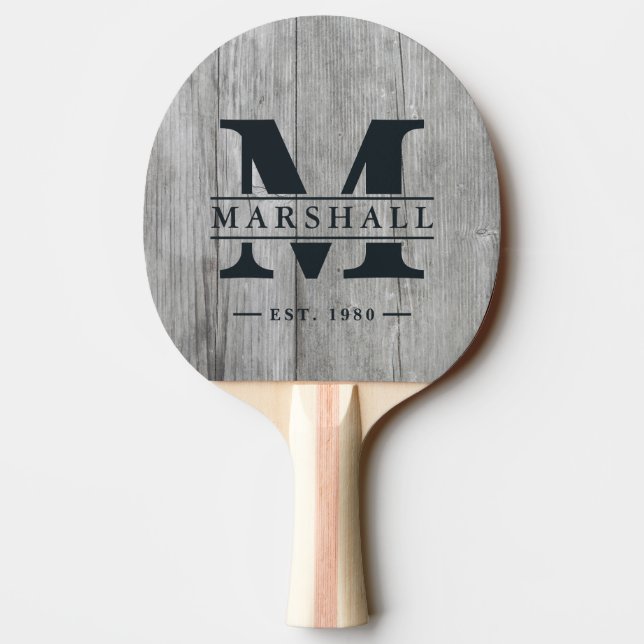 Gray Timber Monogram & Name Overlay Ping Pong Paddle (Back)