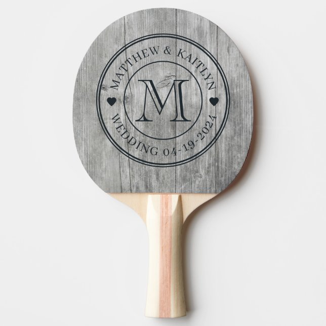 Gray Timber Wedding Monogram Heart Ping Pong Paddle (Front)