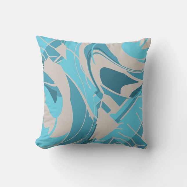 Gray Turquoise Aqua Mediterranean Diagonal Floral Cushion (Front)