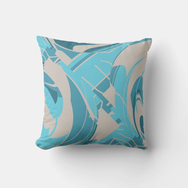 Gray Turquoise Aqua Mediterranean Lush Leaf Motif Cushion (Front)