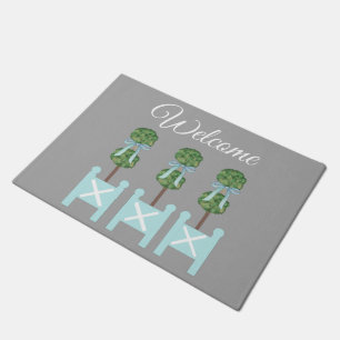 Gray Turquoise  Topiary Birds Doormat Rug