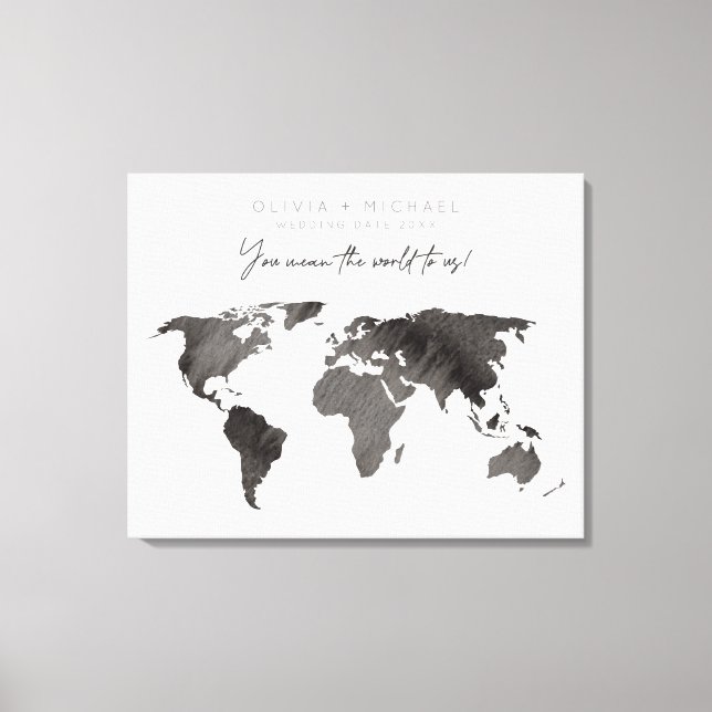 Gray Watercolor World Map Canvas Guest Book (Front)