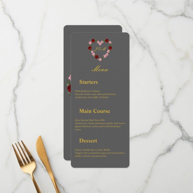 Gray Wedding Menu with Floral Heart (Front/Back In Situ)